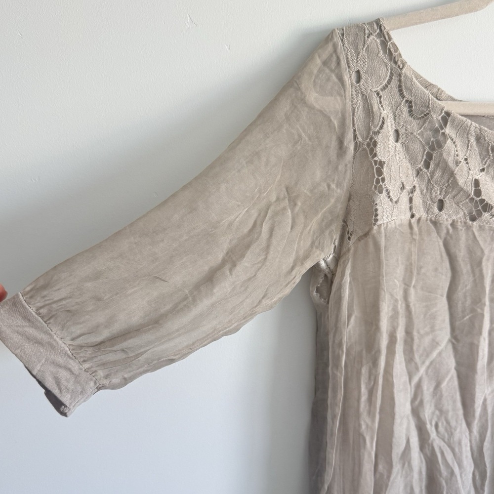 AMANTI Silk Taupe blouse Women M Lace Italy Romantic Poet Forest Fairy Whimsy - Picture 3 of 12